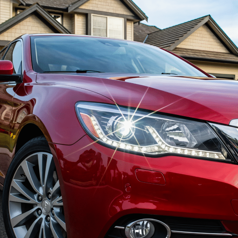 red car with sparkling headlights